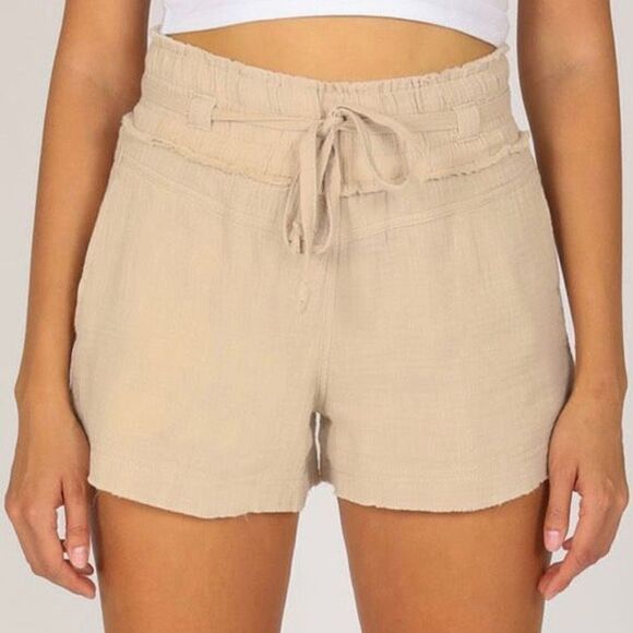 Rewash Sustainable High Waist Gauze Raw Hem Beachy Paper Bag Shorts Sand - Picture 1 of 14